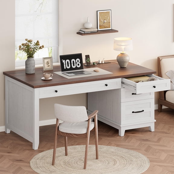 53.5" Farmhouse Wood Desk with Drawers, Executive Desk with Adjustable File Cabinet, Home Office Desk with Power Outlets, Distressed Writing Desk for Work and Study, White