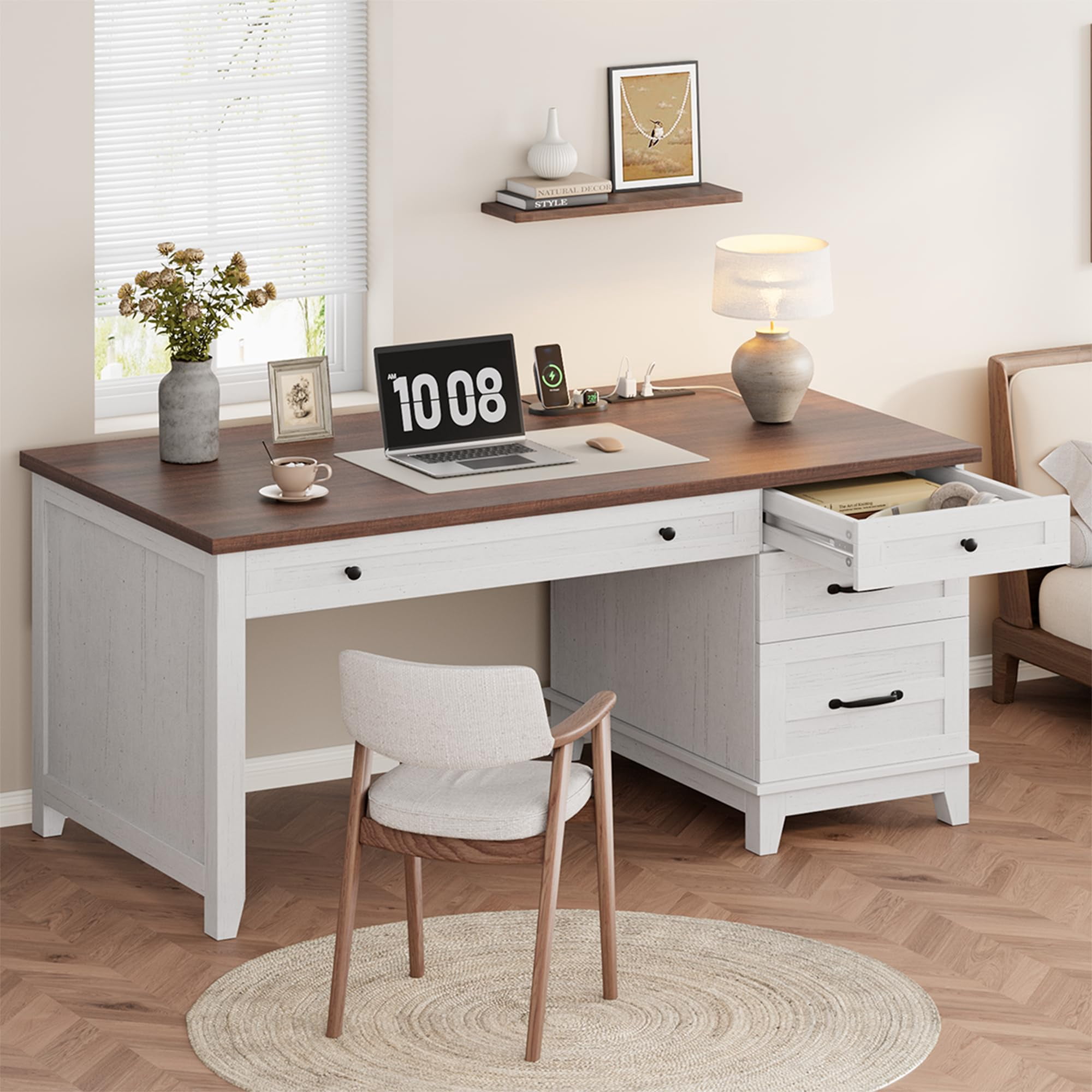 53.5" Farmhouse Wood Desk with Drawers, Executive Desk with Adjustable File Cabinet, Home Office Desk with Power Outlets, Distressed Writing Desk for Work and Study, White