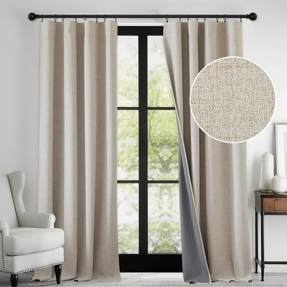 RYB HOME Linen Textured 100% Blackout Curtains for Bedroom, Insulating Energy Saving Window Curtains for Living Room Dining Patio Sliding Glass Door, Wide 52 x Long 84 inch, Beige, 2 Pa