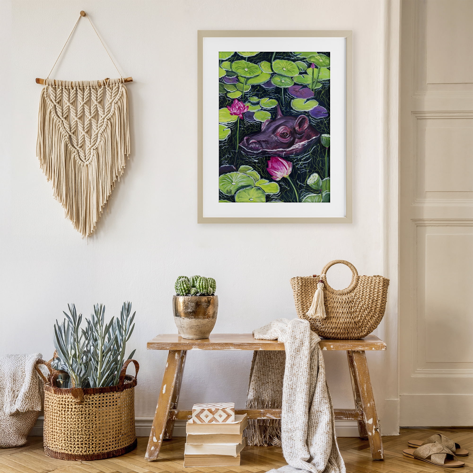 Stupell Industries Hippo & Blossoms Pond Birch Framed Print Under Glass, design by Sarah Waldron Kimball