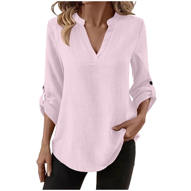 Camisas de Color Sólido para las Mujeres 3/4 Manga Manga Corta Cuello en V, Blusa Casual para Primavera Verano Diario