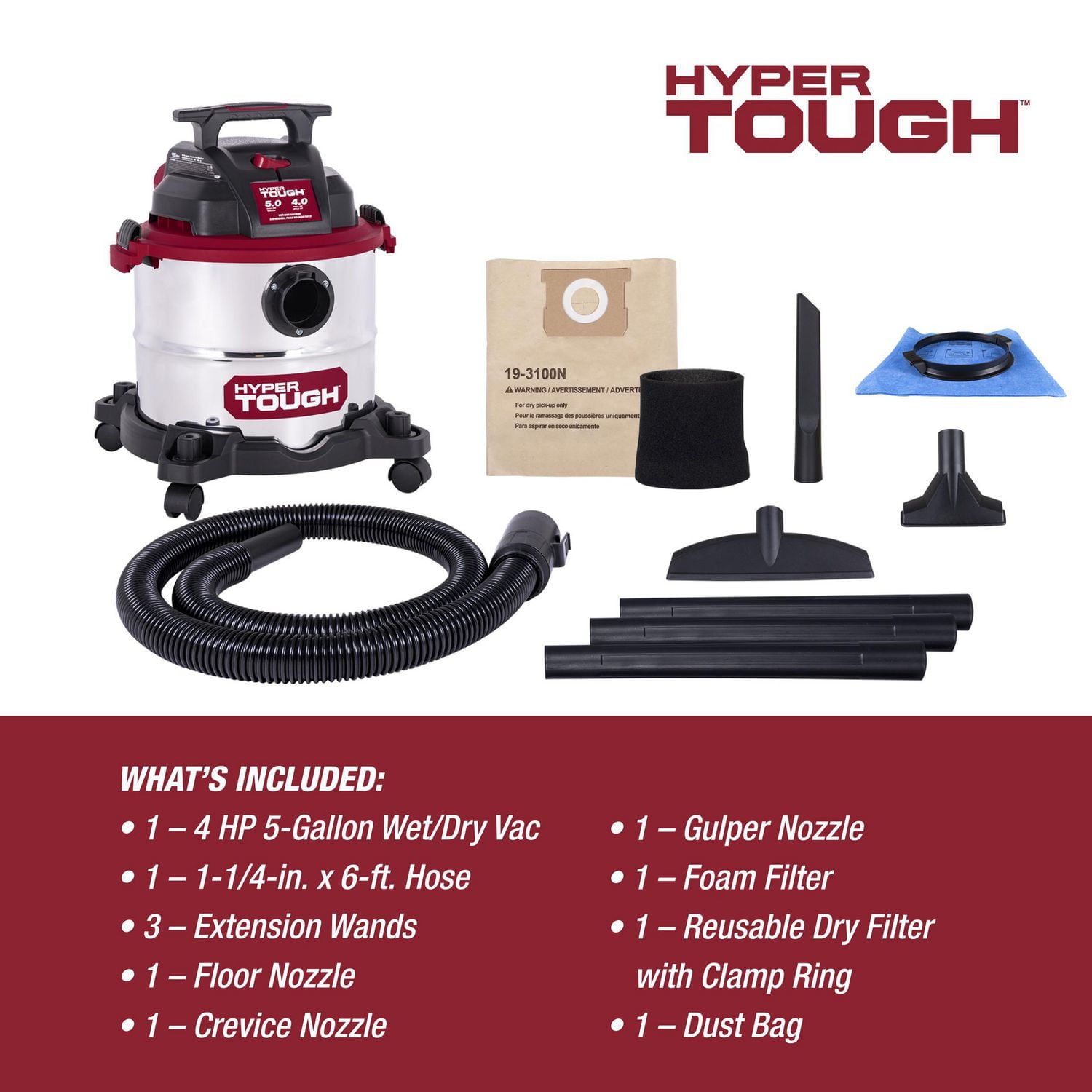 Hyper Tough 18,9 Litres Aspirateur à sec et à eau en acier inoxydable Hyper Tough 18.9L (5 Gal.) Aspirateur eau et poussières de 4,0 CV avec accessoires