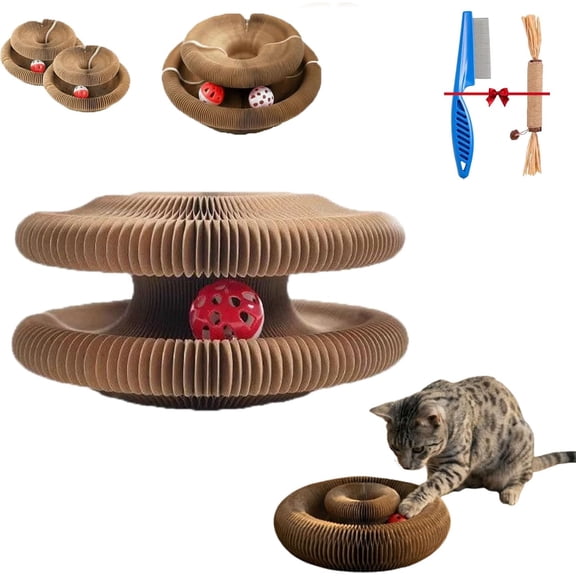 2-Pack Cat Scratcher Toys, Foldable Spiral Cardboard Scratching Boards with Ball, Recyclable Accordion Cat Toy for Playing