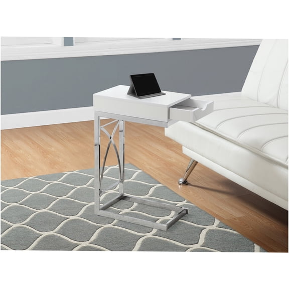 JERFIT Modern C-Shaped End Table with Drawer, Glossy White Snack Table for Living Room, Bedroom Accent Table with Chrome Metal Base