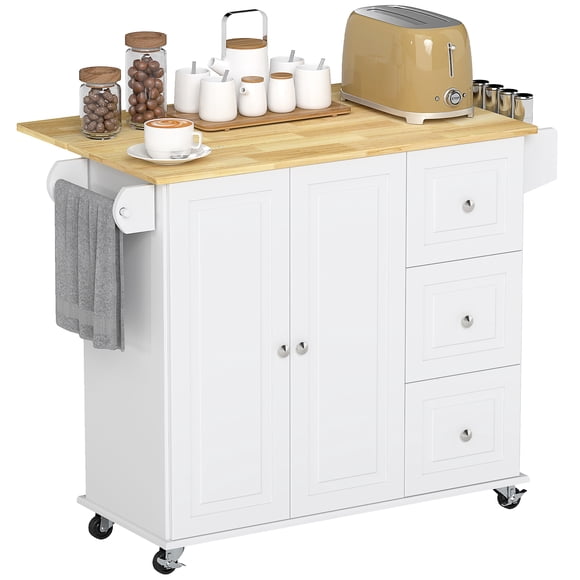HOMCOM Kitchen Island on Wheels Kitchen Cart with Drop Leaf Drawers, White
