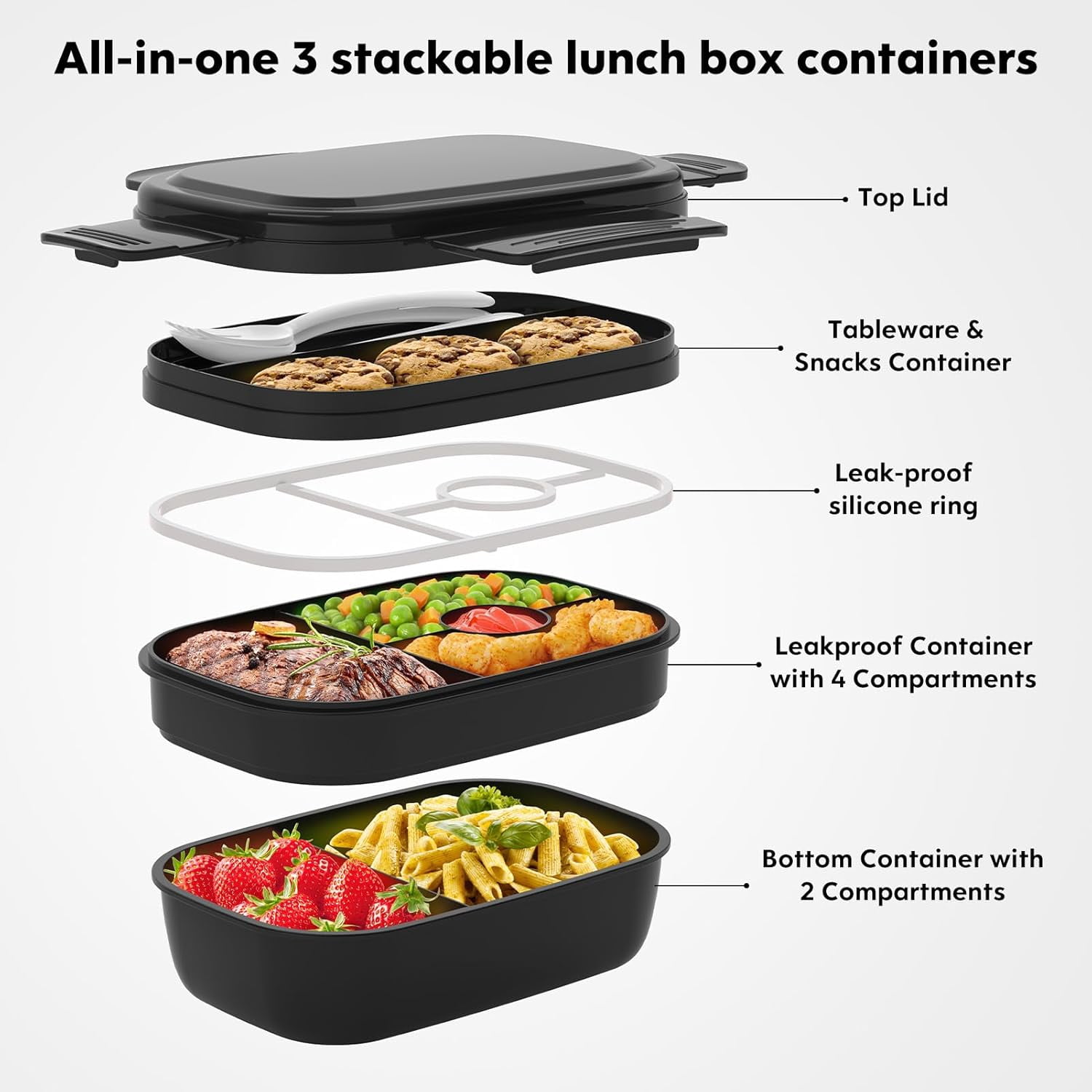 Ahot Adult Lunch Box,3 Stackable Bento Lunch Containers for Adults, Modern Minimalist Design Bento Box with Utensil Set, Leak-Proof Lunchbox for Dining Out, Work, Picnic