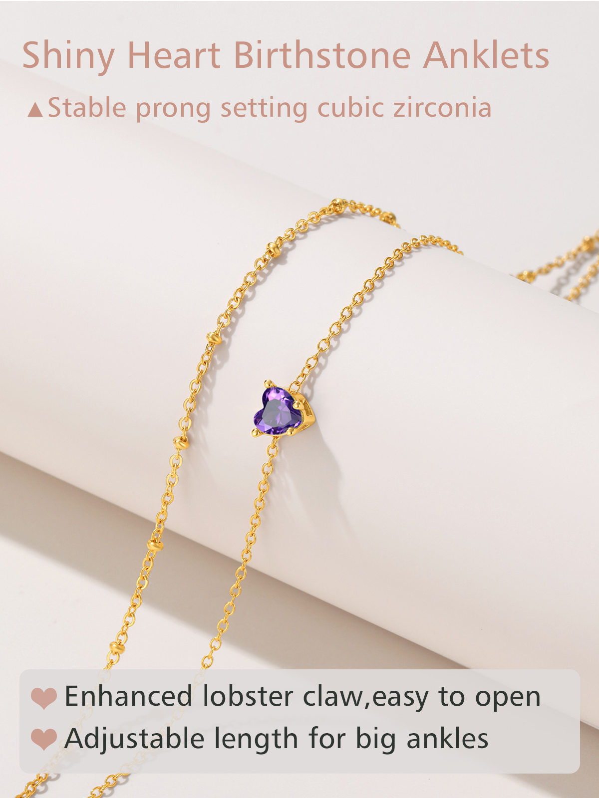 FindChic Heart Birthstone Anklet for Women, Gold Plated photo 6