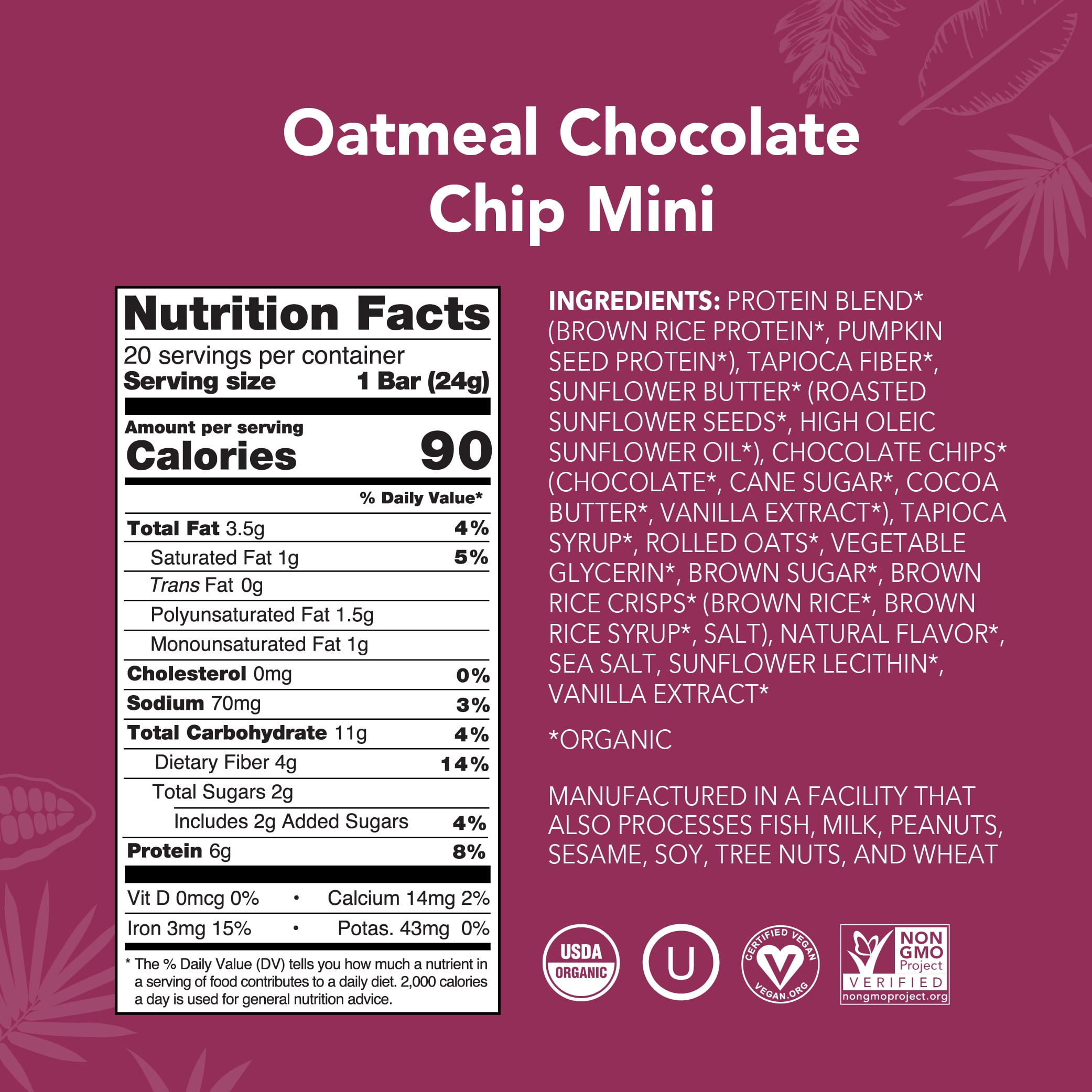 ALOHA, Plant Based Protein, Mini Bars, Oatmeal Chocolate Chip (Pack of 20)