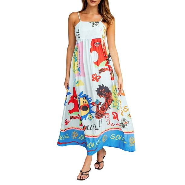 Promotion!Rong Yun New Sexy Women's Suspender Positioning Printed Sleeveless Strappy Dress With Large HemPromotion!