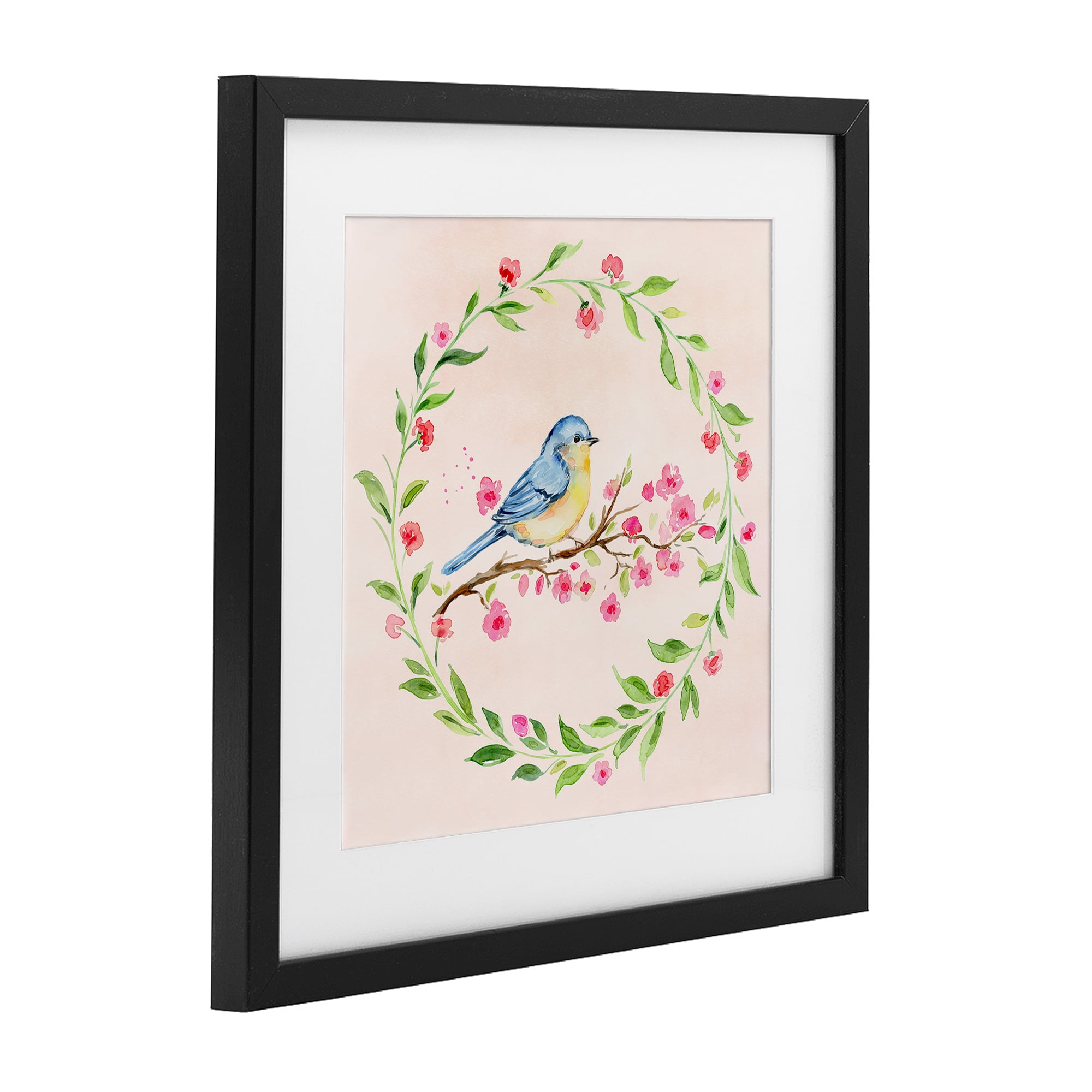 Spring Bird Wreath Perch Black Framed Print Under Glass, design by Elena Fay