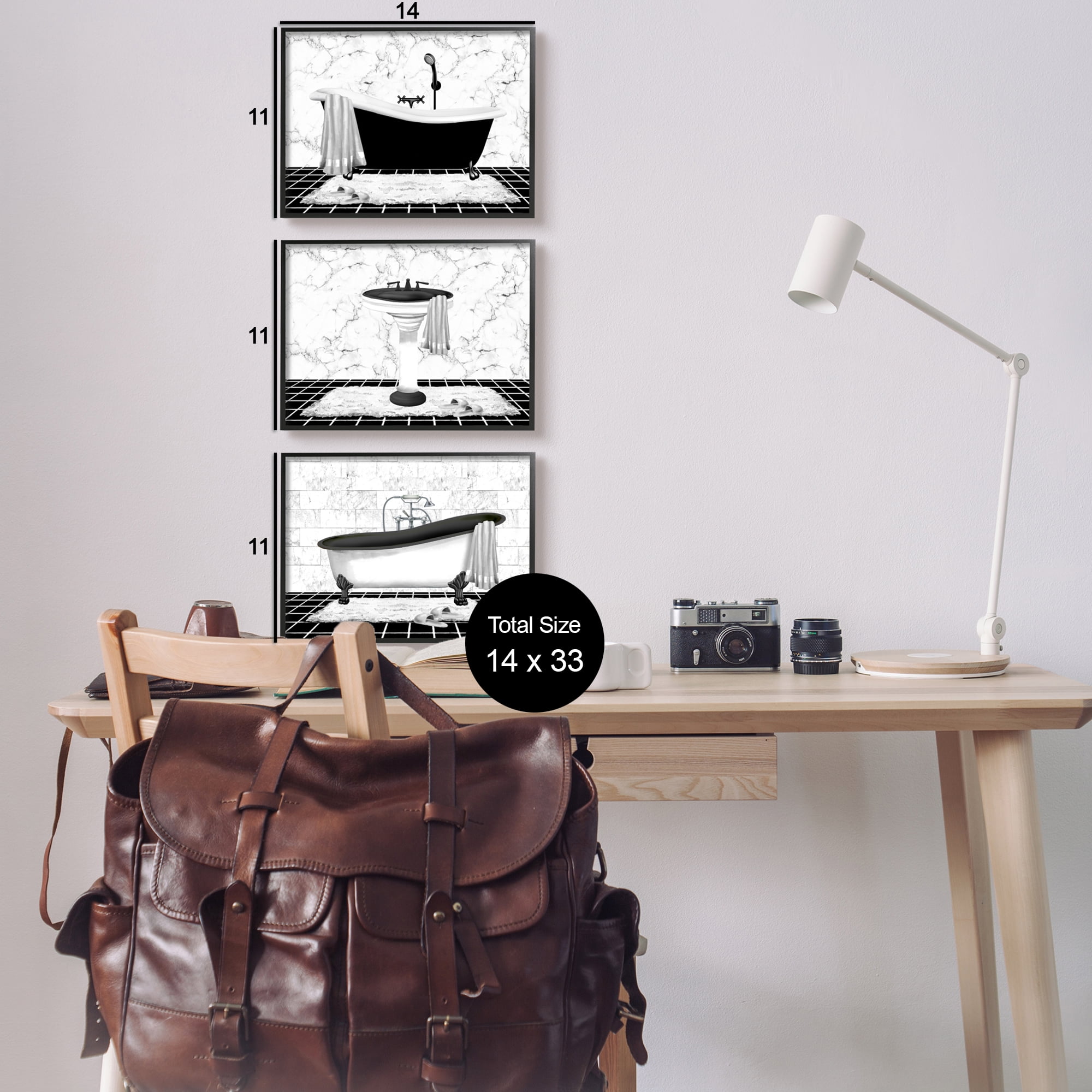 Stupell Industries Modern Marble Bathroom Typography Painting Black Framed Art Print Wall Art, 14 x 11, Set of 3