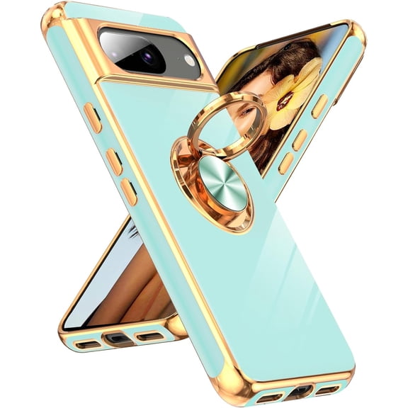 LEYI for Google Pixel 8 Phone Case, Pixel 8 Case with 360 Rotatable Ring Holder Magnetic Kickstand, Plating Rose Gold Edge Protective Google Pixel 8 Case, Mint