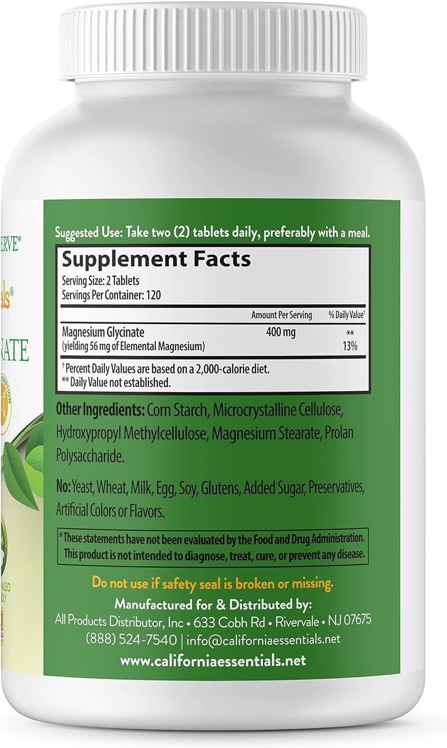 California Essentials Magnesium Glycinate 400 mg - Supports Muscle Relaxation, Bone Health & Stress Relief - Vegan Dietary Supplement (240 Tablets)