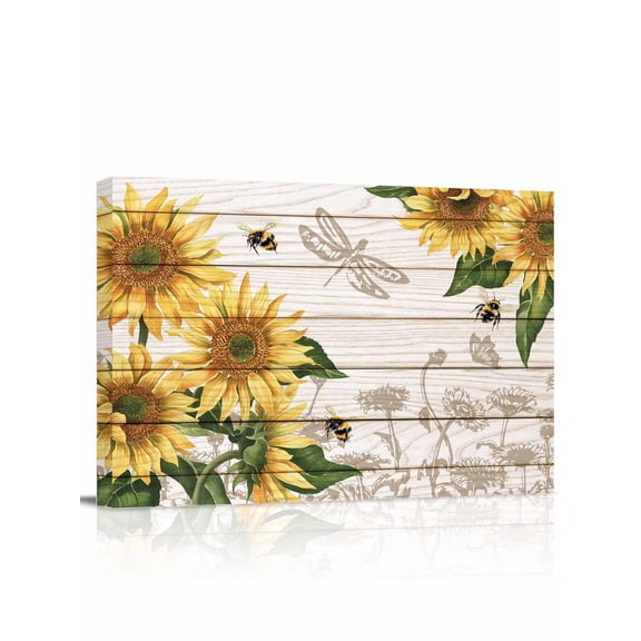 Sunflowers Wall Art for Living Room,Canvas Picture Wall Decor for Bathroom Bedroom,Farmhouse Botanical Flowers Bees Wooden Painting Artwork for Office Kitchen Hallway Dining Room Home Decor 12"x16"