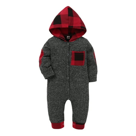 

OLLUISNEO Newborn Baby Boys Romper Hoodie Single-row Buttons Lattice Pocket Long Sleeve One-piece Jumpsuit 0-3 Months Red