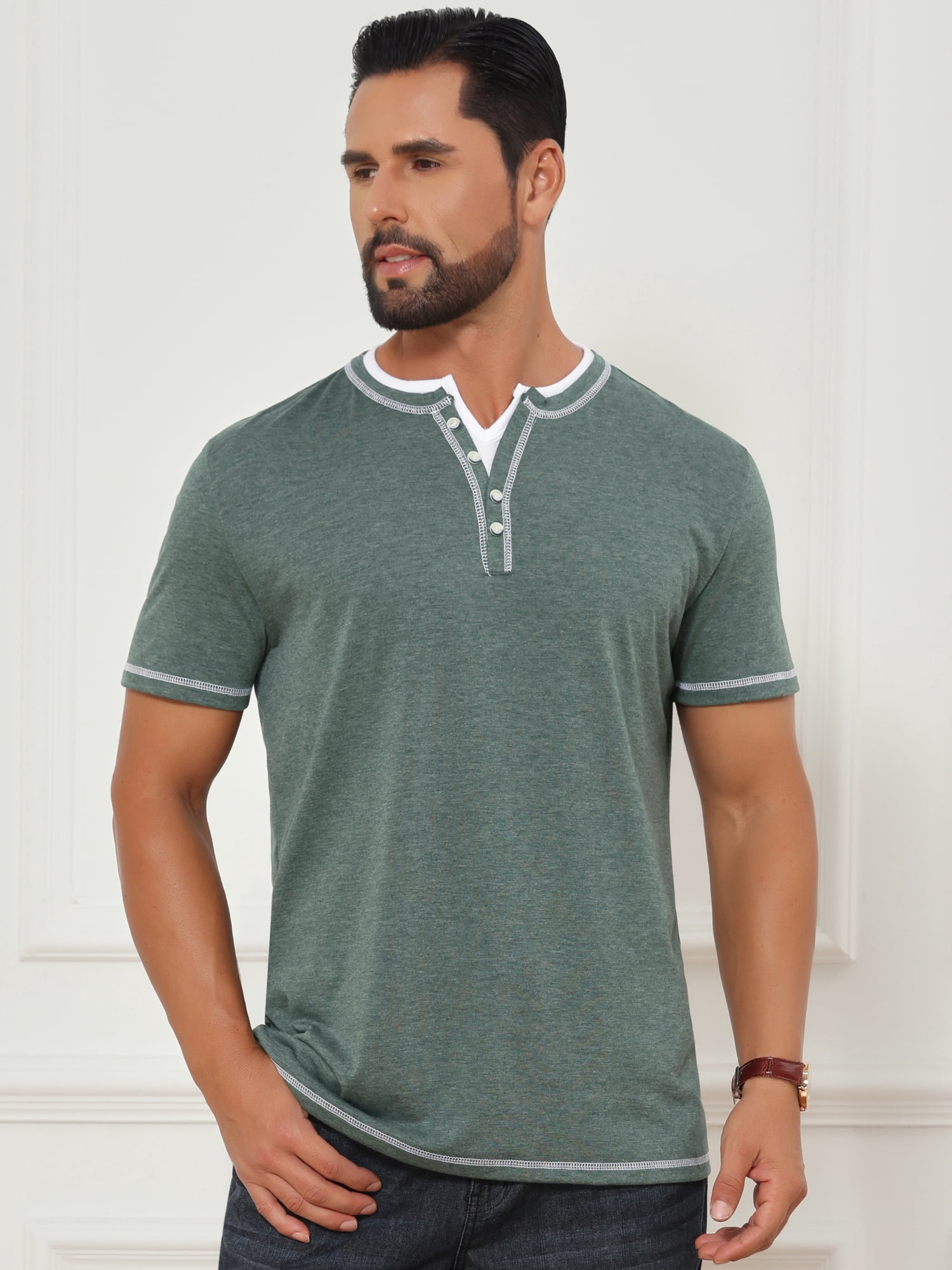 DARING DIVA Men's Henley V-Neck Colorblock Button Down Short Sleeve T-Shirt M Green