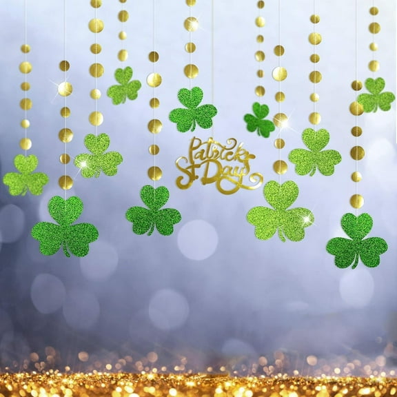 Cheerland Glitter St Patricks Day Garland Shamrock Clover Banner Streamer, 12 Pieces
