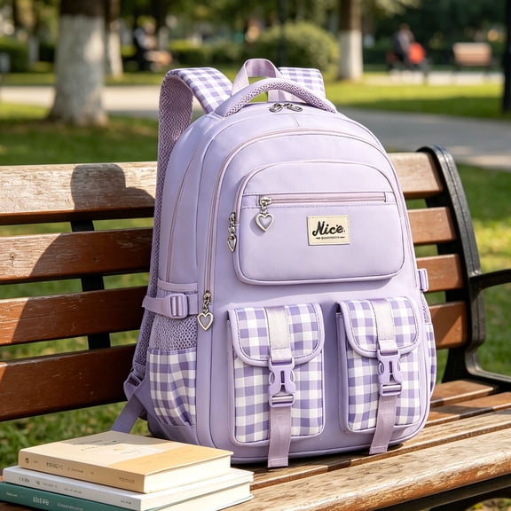 Plaid School Backpack, Korean Style Checkered Large Capacity Bookbag, Waterproof Nylon Multi Pocket Backpacks for Teenagers, Lightweight Campus Backpack with Side Mesh Pockets, Unisex (Purple)