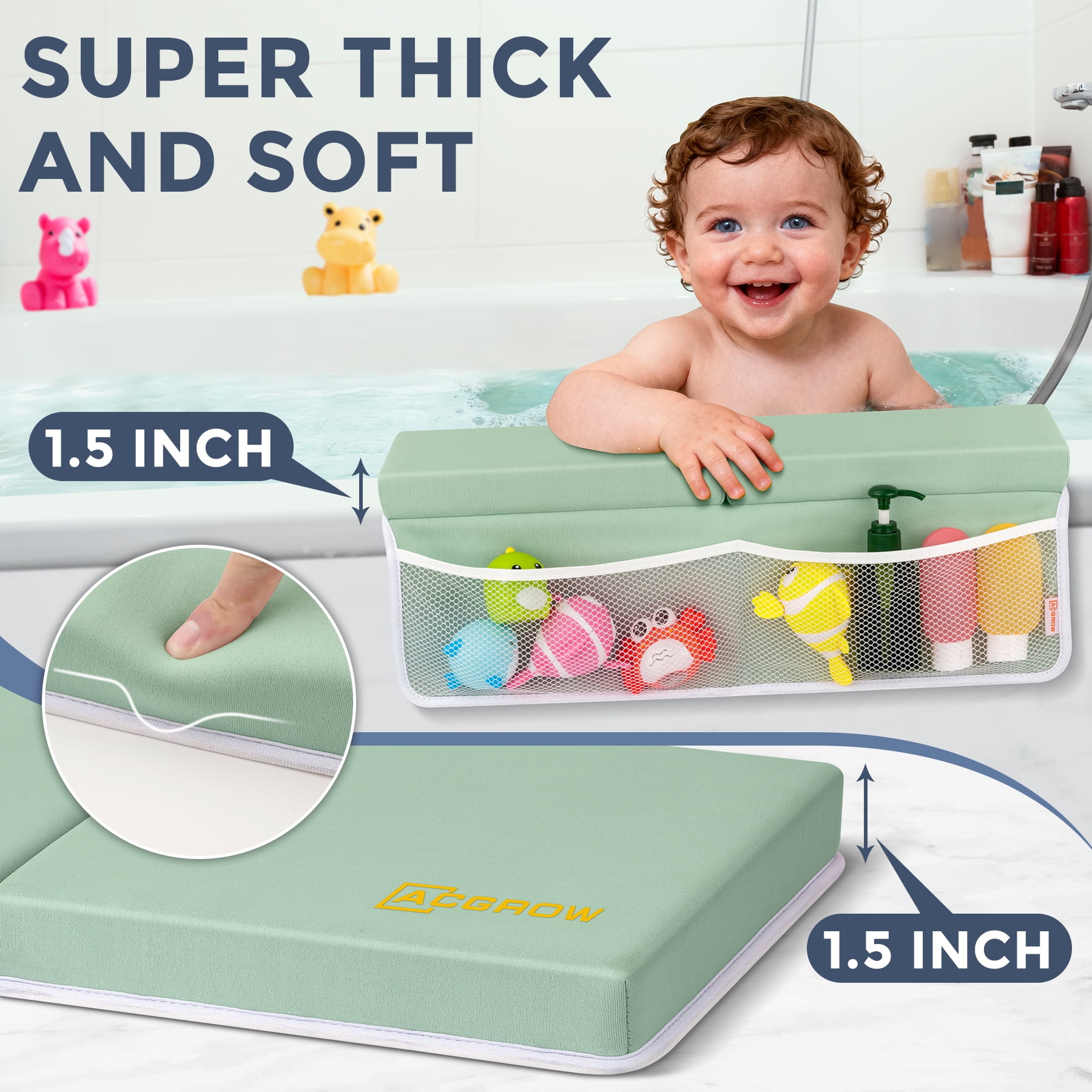 ACGROW Bath Kneeler and Elbow Rest Pad Set - 1.5" Thick Baby Bath Kneeler Pads with Toys Organizer, Anti-Slip Cozy Knee & Arm Support Bathtub Mat, Quick Dry Kneeling Pad for Baby Bath Time Green