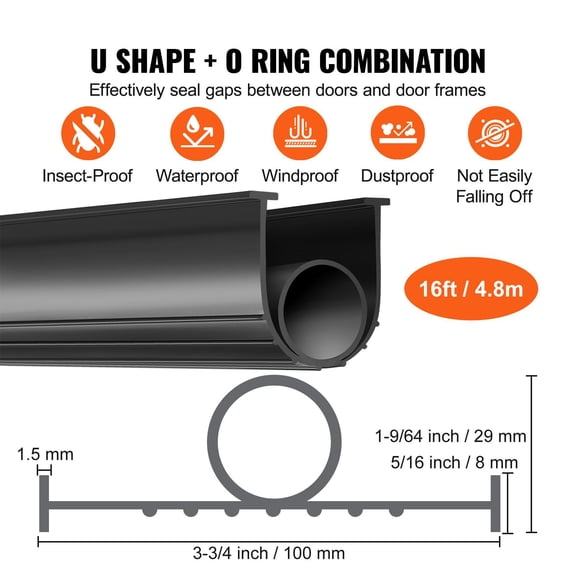 Garage Door Seals Bottom Rubber, U Shape  O Ring Garage Door Weather Stripping, Universal Weatherproof Threshold Buffering Sealing Rubber , 5/16 inch T-ends and 3 3/4 inch Width (16 Ft, Black)