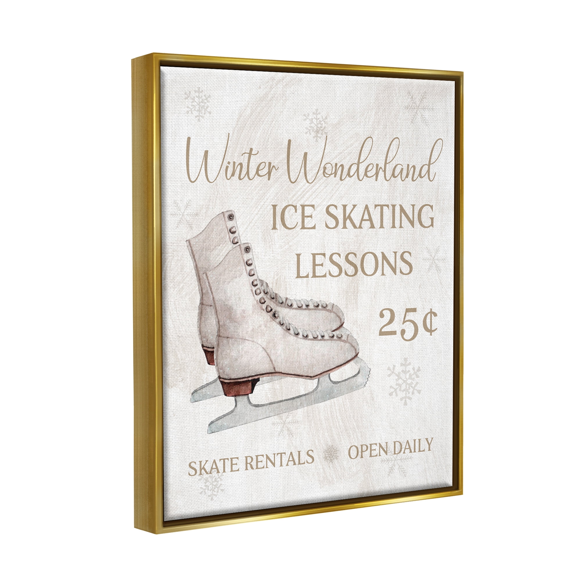 Stupell Industries Ice Skating Lessons Sign Holiday Painting Gold Floater Framed Canvas Art Print Wall Art, 17 x 21