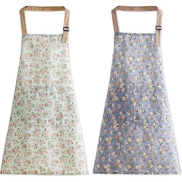 Kitchen Apron for Women, 2 Pack Waterproof Adjustable Cooking Apron, Personalized Apron with Pocket for Baking, Painting, Cooking, Gardening, Green, Blue