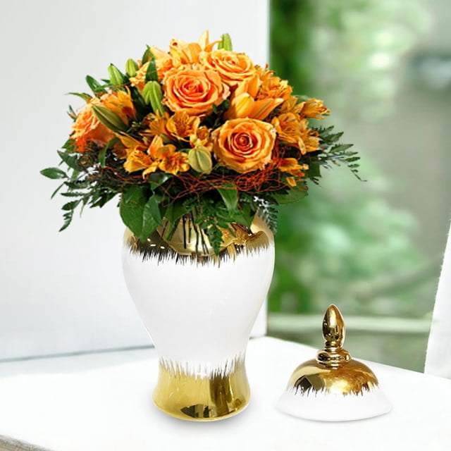 Jarrón de , tarro de jengibre con tapa, adorno elegante, multifuncional, artesanía de Color blanco y dorado para decoración de estantería 21cmx45cm Macarena Tarro de jengibre