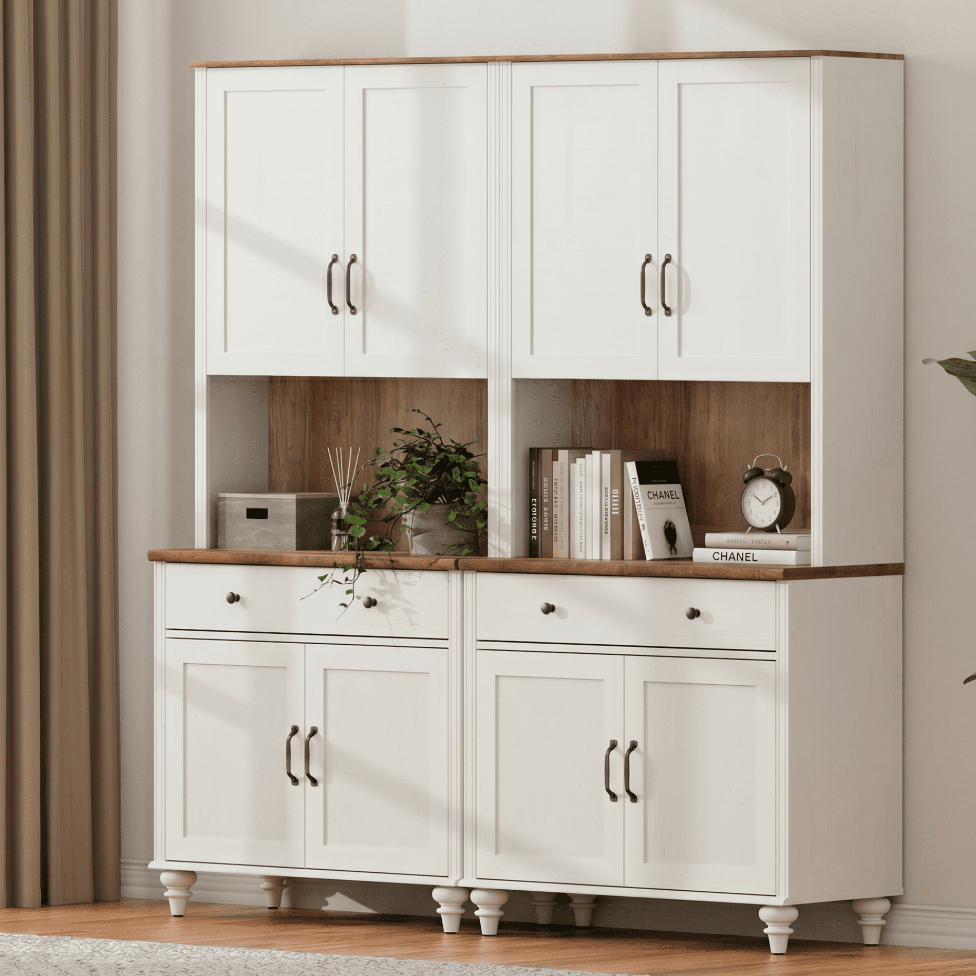 White Large Bookcase, Farmhouse Bookshelf with Ample Storage Cabinet, Large Library Wooden Bookshelves for Living Room, Office, Study Room