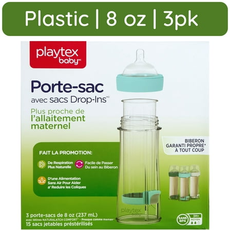 Playtex Baby Nurser Clear Anti-Colic Baby Bottle with 15 Drop-ins Liners, 8 oz, 3 pack