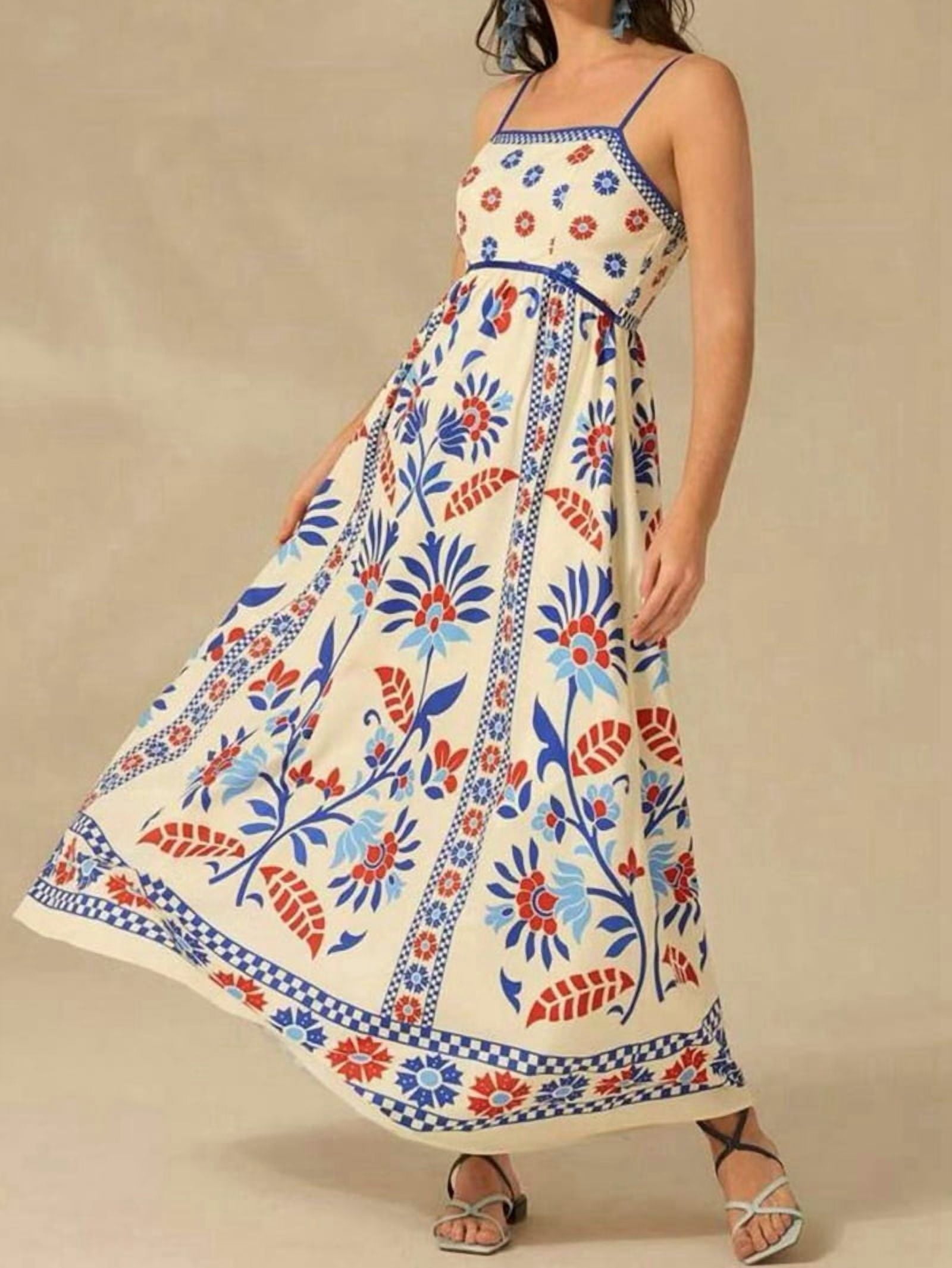 Womens 2025 Summer Floral Maxi Dress Sleeveless Spaghetti Strap Printed Smocked Boho Beach Long Dress Red & Blue XL
