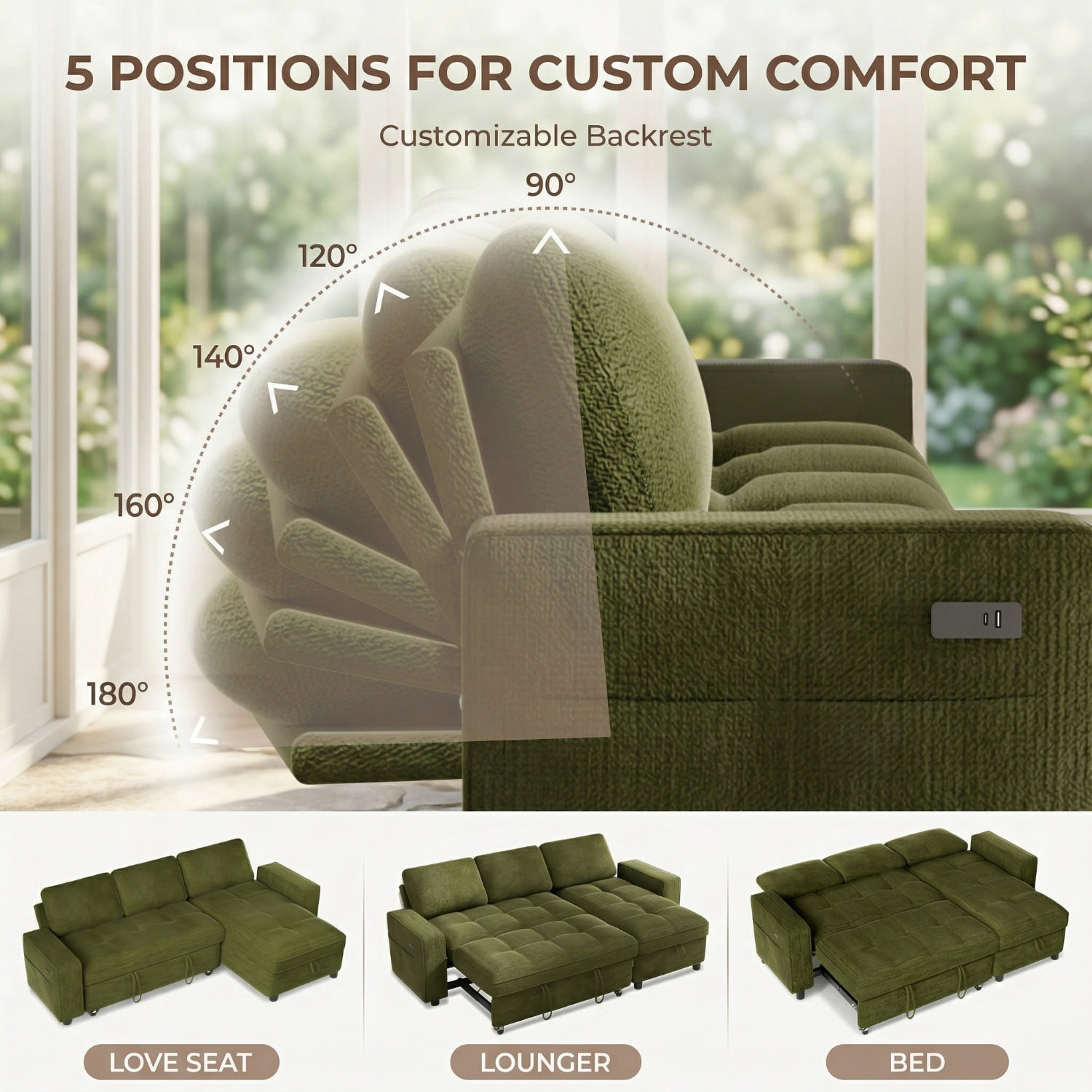 81" Sectional Sleeper Sofa Bed with Pull Out Couch, L-Shaped Chenille Fabric Sofa with USB Ports and Storage Chaise, Emerald Green
