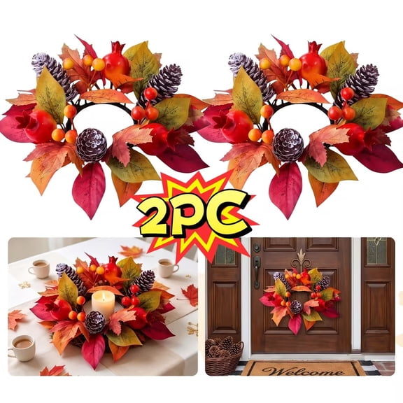 yuHome Fall Harvest Candle Wreath 2Pcs Autumn Maple Leaves Pomegranate Berries Pine Garland Decoration Small Floral Ring for Home Mantel Table Centerpiece