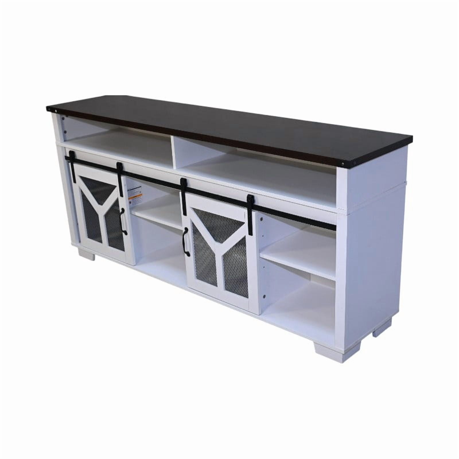 65.3 Inch TV Stand with LED Light Strips and Iron Mesh Barn Doors, Y Decorative Strip White and Black Walnut Color Farmhouse Entertainment Center for 75 Inch TV