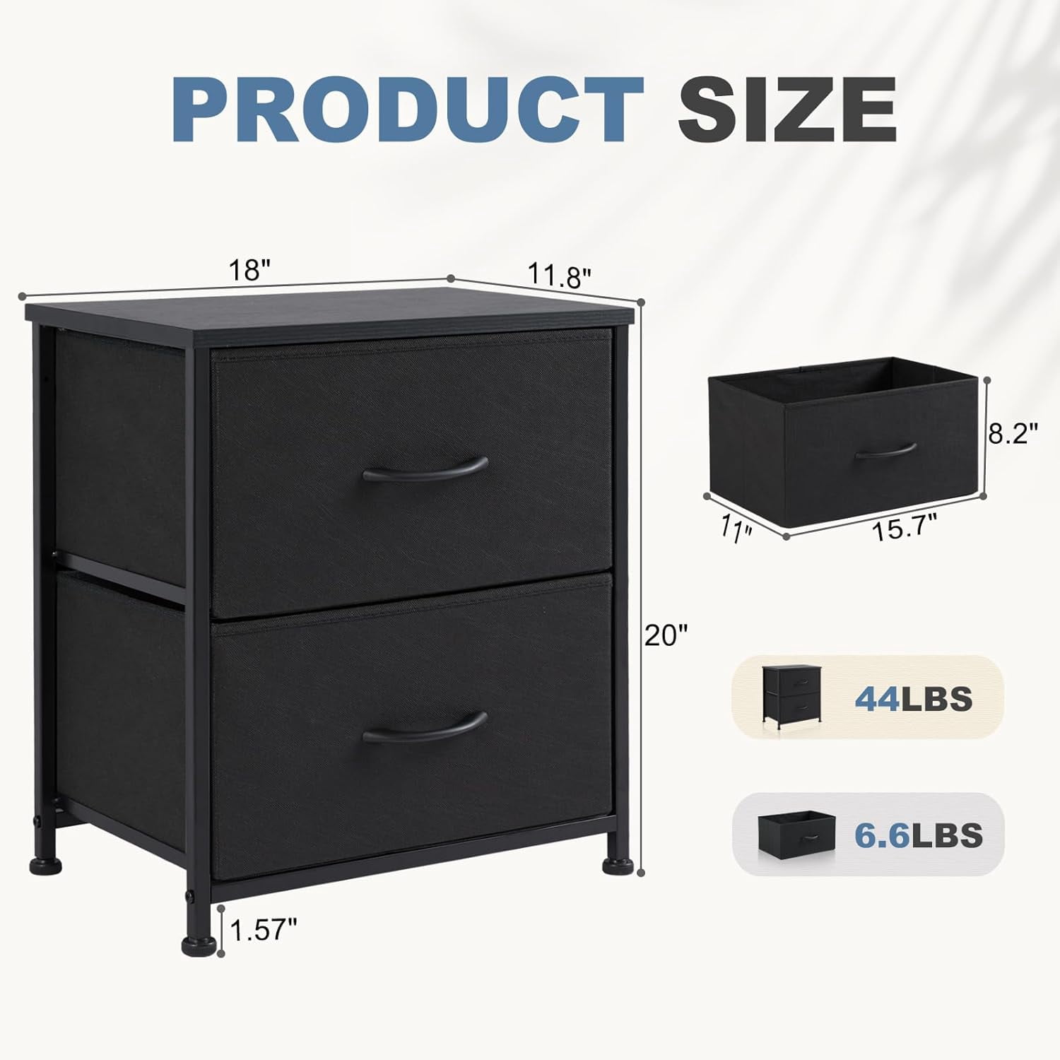 Nightstand Small Dresser with 2 Fabric Drawers Side Tables Bedroom End Table Kids Bedside Storage Furniture for 20 inch Tall Night Stand for Closet, Entryway, College Dorm,Black(1 Pack)