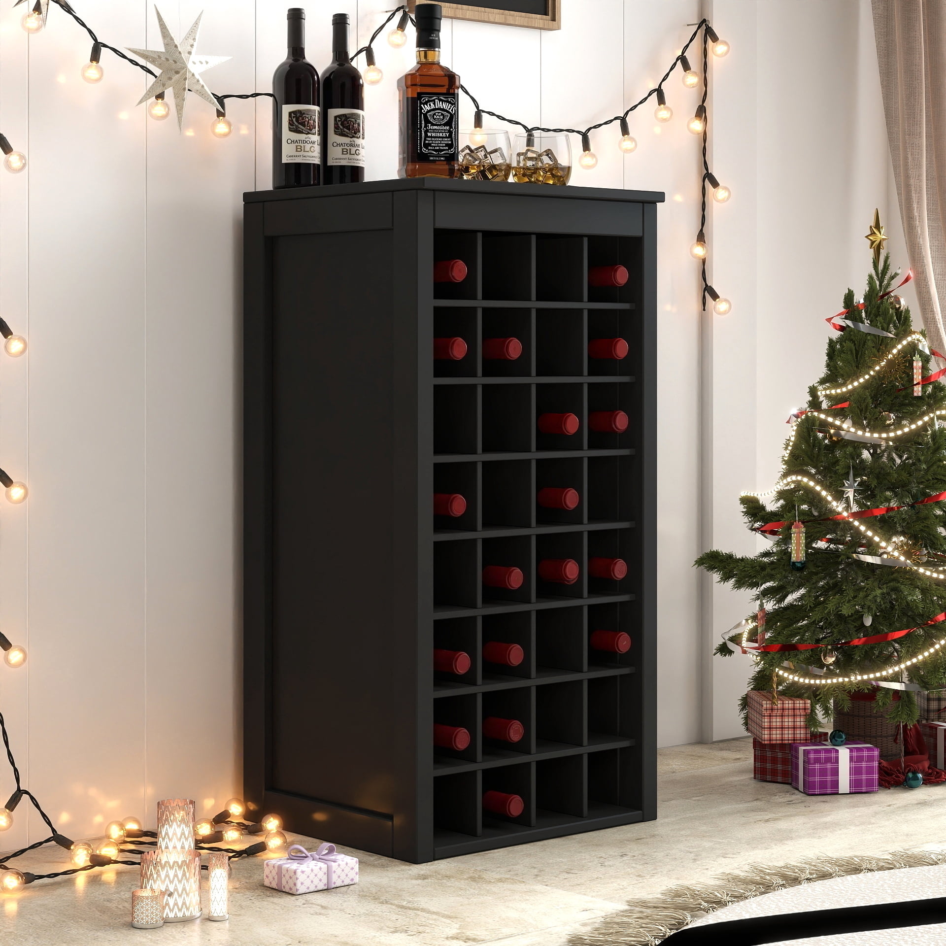 Wine Cabinet 32-Bottle Modular Storage Buffet for Home Bar Dining Room, Black