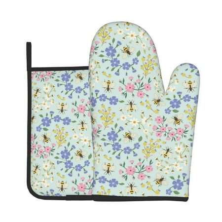 

Jgfou Honey Bees And Flowers Pattern Oven Mitts and Pot Holders Sets Heat Resistant Oven Mittens Soft Lining Extra Thicken Long Kitchen Cotton Oven Glove for Cooking