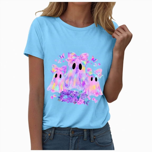 TOWED22 Halloween Shirts Women Cute Ghost Graphic T-Shirts Funny Spooky Ghost Print Tee Fall Halloween Holiday Casual Tops(Sky Blue,S)