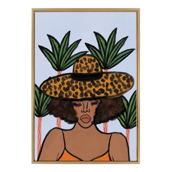 Kate and Laurel x Bouffants and Broken Hearts Collaboration Leopard Hat Framed Canvas Wall Art, 23x33 Gold, Beautiful Decorative Feminine Art for Wall