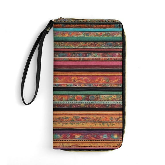 Womens Wallet Bifold Ladies Cluth Bag Wristlet Wrist Strap Long Purse Mexican BOHO Strips Design