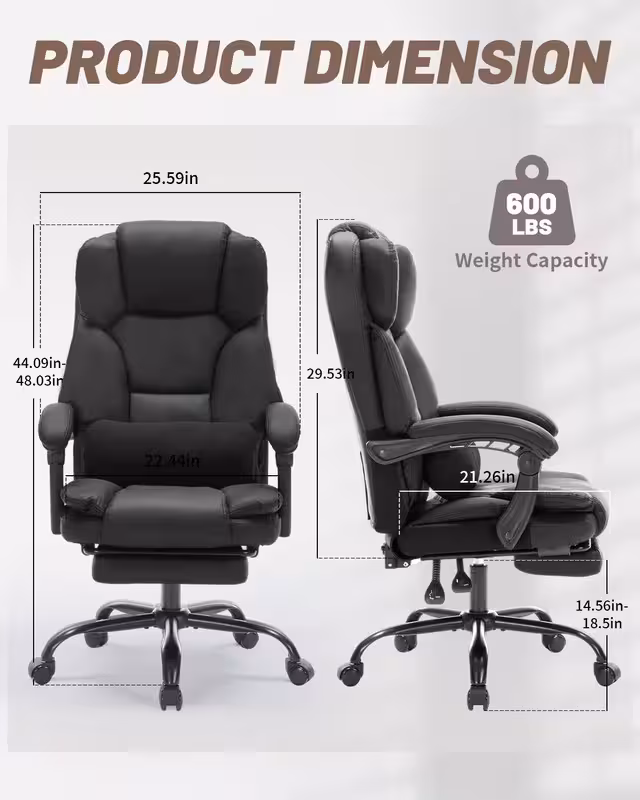 Qusaphy 600lbs Big and Tall PU Leather Executive Office Chair, Reclining Backrest up to 155°, Spring Cushion Seat, Lumbar Support & Adjustable Armrests for Home Office or Conference Room