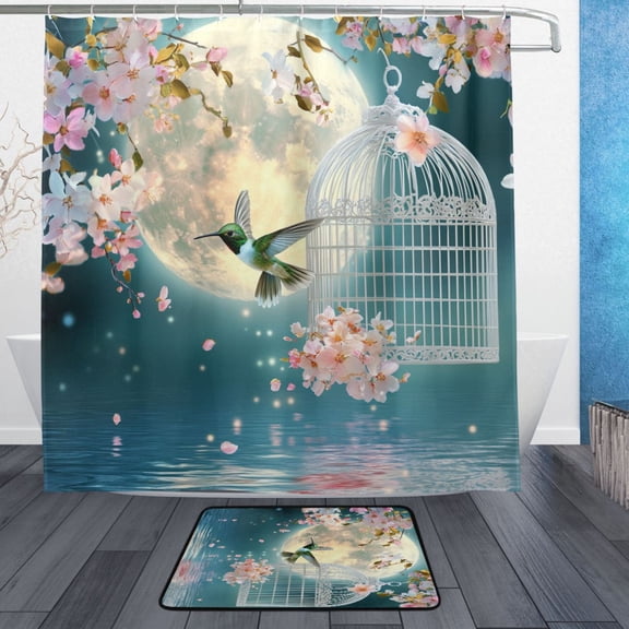 BZSMCE Shower Curtain and Bath Accessory Set,Hummingbird Moon Cage Flowers Water Pattern