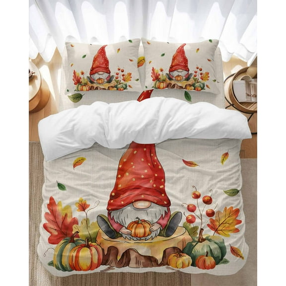 Fall Pumpkin Gnome Bedding Duvet Cover Set Full Size 4 Pieces Maple Leaf Thanksgiving Linen Bedding Set with Zipper Closure, 1 Comforter Cover 86x86 Inches 1 Flat Sheet & 2 Pillow Cases