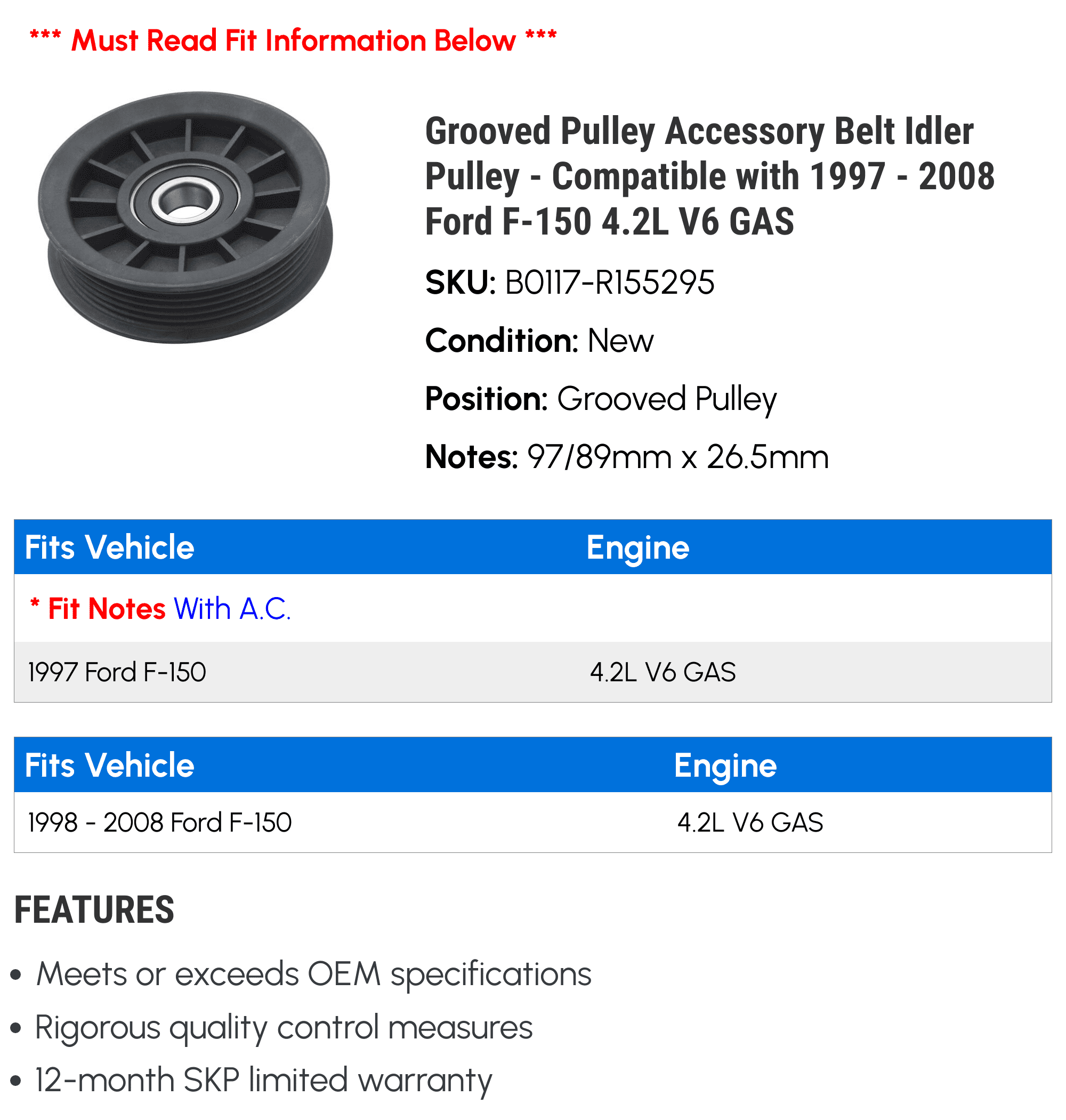 Grooved Pulley Accessory Belt Idler Pulley - Compatible with 1997 - 2008 Ford F-150 4.2L V6 GAS 1998 1999 2000 2001 2002 2003 2004 2005 2006 2007