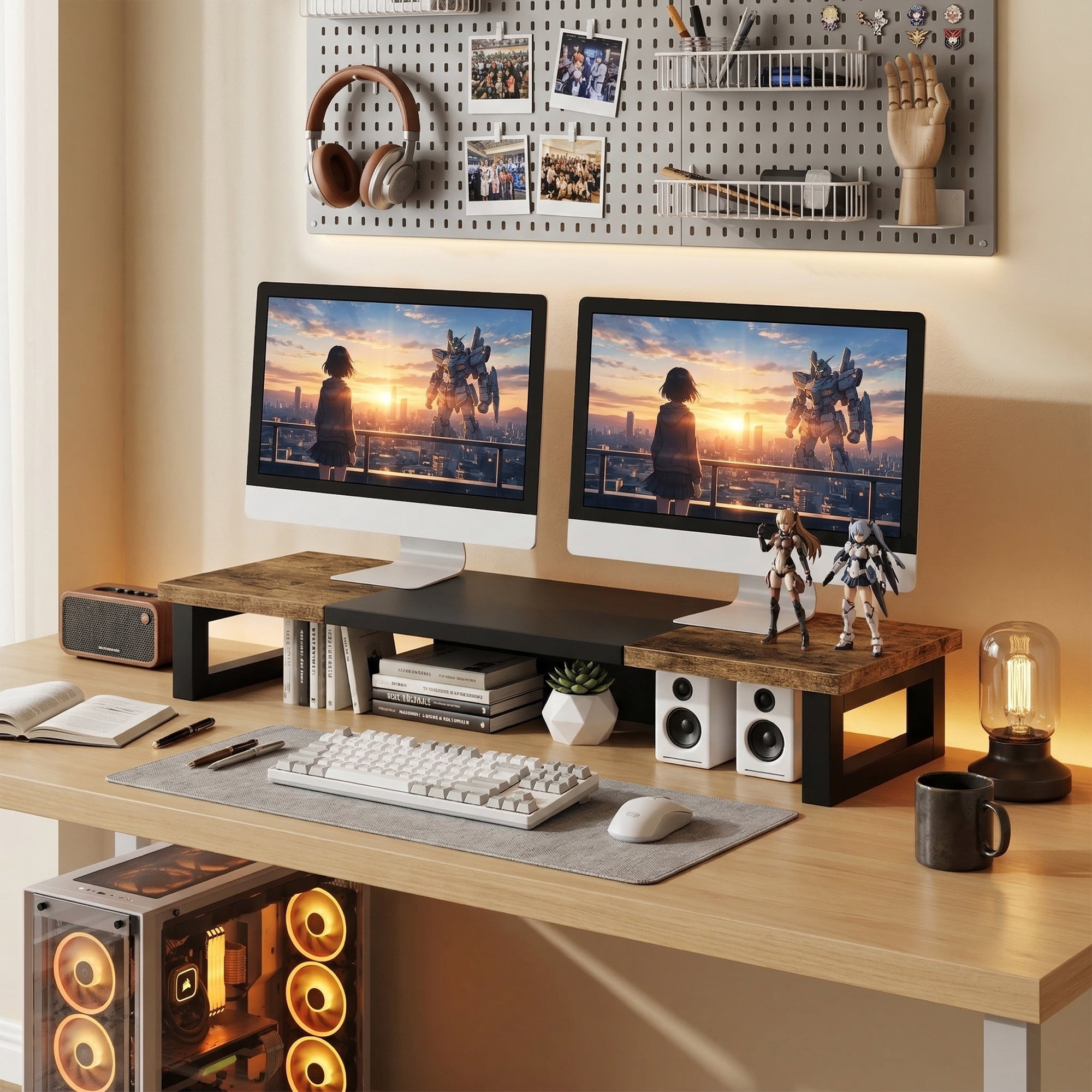 HIGDBFE Dual Monitor Stand Riser, 36 inch Computer Monitor Stand, Ergonomic Desktop Riser for PC, Laptop, Printer, Rustic Brown
