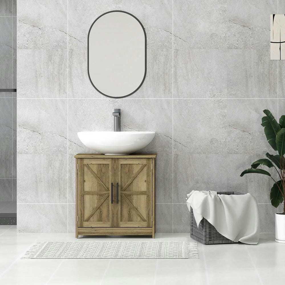Topcobe Farmhouse Pedestal Sink Storage Cabinet, Bathroom Sink Cabinet with 2 Barn Doors and Adjustable Shelf, Indoor Modern Furniture for Bathroom, Light Gray