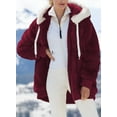thumbnail image 4 of Womens Fuzzy Fleece Jacket Shacket Hooded Color Block Patchwork Cardigan Coats Outerwear with Pockets S Red Female, 4 of 5
