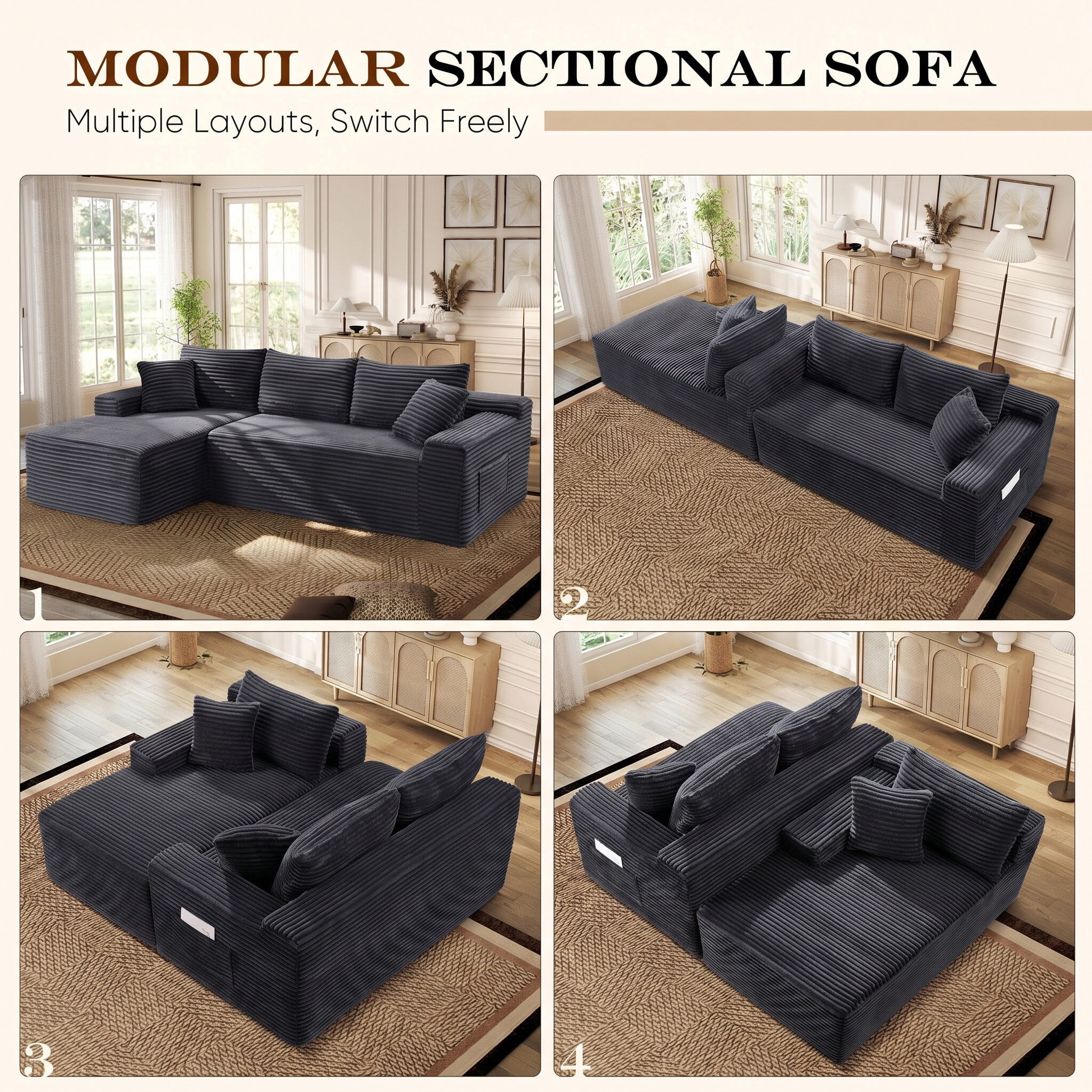 Lunale Small Modular Sectional Sofa with Movable Chaise, L-Shaped Boneless Cloud Couch for Living Room, Gray (Left Facing Chaise)