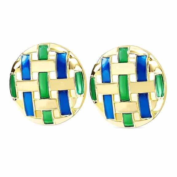 YVLSS Gold Plated Woven Enamel Stud Earrings for Women - Blue and Green Statement Earrings