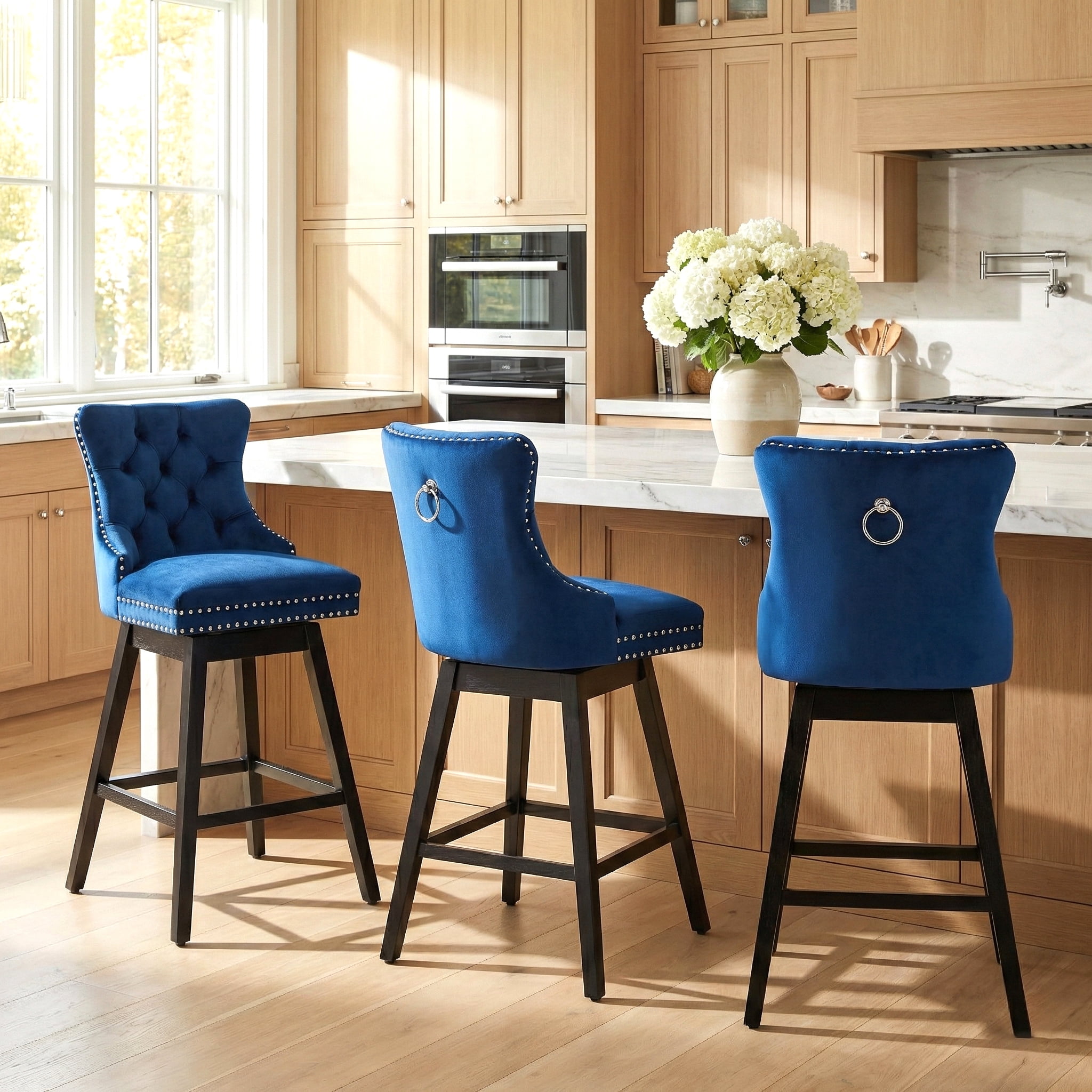 TEWLOSS 30" Swivel Bar Stools Set of 3, Blue Velvet Bar Height Chairs with Back for Home Pub