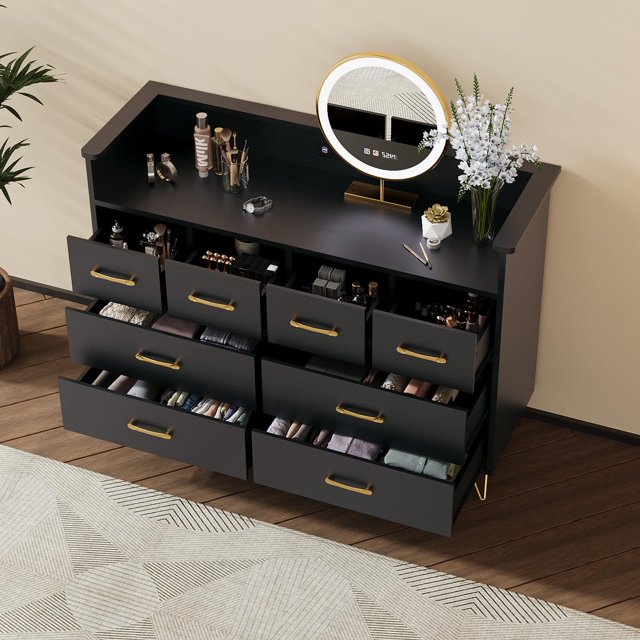 EDTara Commode Moderne à 8 Tiroirs avec Lumières DEL, Station de Recharge Intégrée, Grand Espace de Rangement, Dimensions 49.08 Pouces x 16.73 Pouces x 35.43 Pouces, Parfaite pour la Chambre, le Salon et l'Entrée
